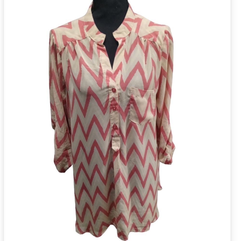 Riley+James Tan and Orange Zig Zag Stripe Long Sleeve Button Front Tunic Blouse